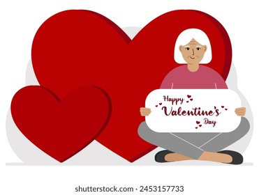 Una mujer sostiene un saludo de Feliz Día de San Valentín contra un fondo de corazones rojos. Ilustración plana de Vector