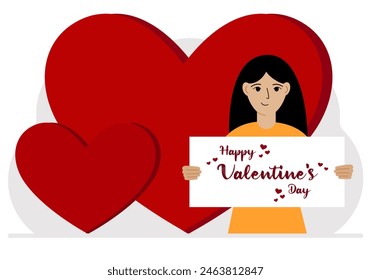 Una mujer sostiene un saludo de Feliz Día de San Valentín contra un fondo de corazones rojos. Ilustración plana de Vector