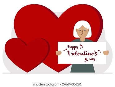 Una mujer sostiene un saludo de Feliz Día de San Valentín contra un fondo de corazones rojos. Ilustración plana de Vector