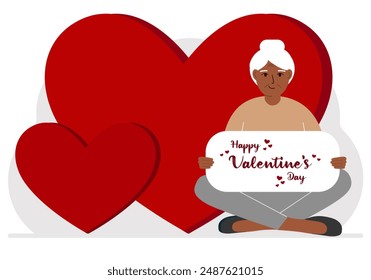 Una mujer sostiene un saludo de Feliz Día de San Valentín contra un fondo de corazones rojos. Ilustración plana de Vector