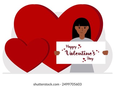 Una mujer sostiene un saludo feliz del día de San Valentín contra un fondo de corazones rojos. Ilustración plana de Vector