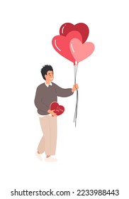 Woman holds heart balloons and Flowers in hands. Young adult Woman gay in love on February 14 with presents. Valentines people collection. Cartoon flat vector illustration isolated on white 
