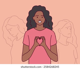 A woman holds a heart sign and smiles, while her shadow shows sadness. The image represents hidden emotions and duality.