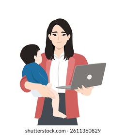 Woman holds her child and laptop in the other, balance career and motherhood. Flat Vector character illustration