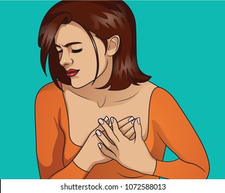 A Woman Holds Her Hand To Her Chest. Pain In The Lungs, Heart, Chest. 