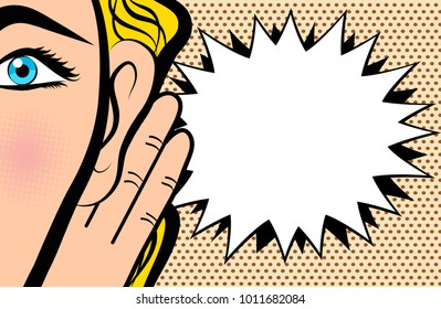 Woman holds her hand near ear and listening in pop art comic style on dot background, stock vector illustration