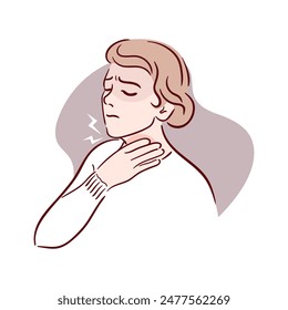 A woman holds her hand on her sore throat. Irritation, soreness. Symptoms of flu, cancer or thyroid disease, health problems. Medical brochure template. Vector illustration.