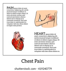 woman holds her hand over his chest. pain in hearts of young girls, area of  torso, sketch colored realistic illustration, vector