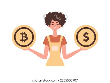 A woman holds in her hands a bitcoin and a dollar in the form of coins. Character in modern trendy style.