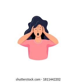 La mujer le pone las manos en la cabeza y expresa emociones - miedo, sorpresa, dolor, estrés. Ilustración vectorial de estilo caricatura plana sobre fondo blanco.