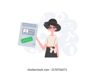 A woman holds in her hands a passed test for a vacancy. The concept of finding employees. Trend style, vector illustration.