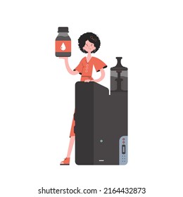 A woman holds in her hands a pod system for vaping. Flat style. Isolated on white background. Vector illustration.