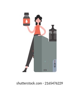 A woman holds in her hands a pod system for vaping. Trendy style with soft neutral colors. Isolated. Vector illustration.