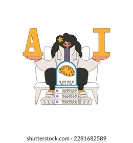 A woman holds A and I in her hands, a vector of AI theme.