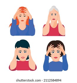 The woman holds her head with her hands and cries. Set. The concept of depression, grief, stress. Vector drawing in a flat style on a white background.