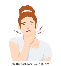 Woman holds her neck with a pained expression, depicting throat discomfort. Flat vector illustration isolated on white background