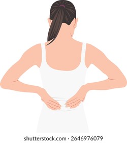 Uma mulher segura a cintura dolorida com as duas mãos