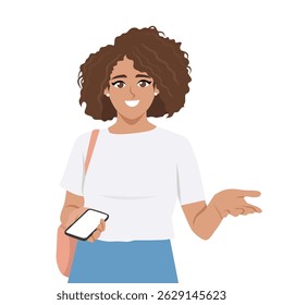 Woman holds her phone and gestures playfully, ready to explore or connect while out on the go. Flat Vector character illustration