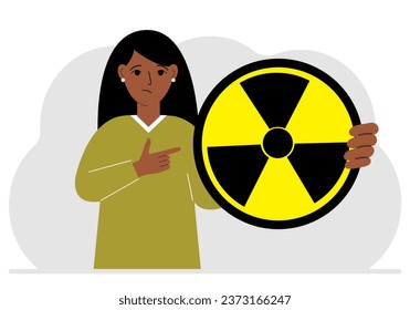 A woman holds in his hand a large sign warning about radiation danger. Vector