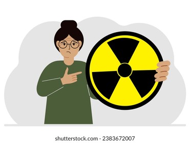 A woman holds in his hand a large sign warning about radiation danger. Vector