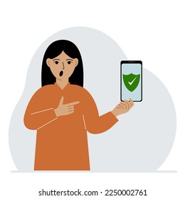 A woman holds in his hand a mobile phone on which antivirus software is installed. Vector flat illustration