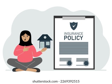 A woman holds in his hands at home next to a large insurance contract. Home and real estate insurance concept. Vector flat illustration
