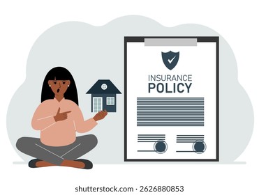 A woman holds in his hands at home next to a large insurance contract. Home and real estate insurance concept. Vector flat illustration