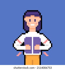 a woman holds his stomach because she feels stomach pain after eating. effects of satiety, eating too much, flatulence. expression of a person in pain. pixel art or 8 bit. vector design elements