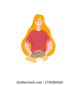 Woman holds home made bread in her hands. Baking, cooking cartoon hand drawn doodle style concept illustration for landing page, banner, poster, flyer, misc advertisement. 