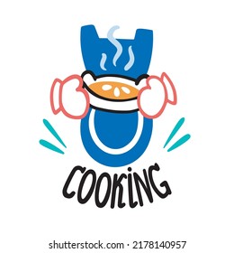 A woman holds a hot pie in her hands, in kitchen gloves, potholders. Apron, hand drawn inscription. Vector illustration of cooking in doodle flat cartoon style.
