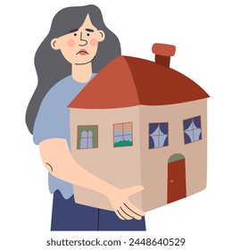 The woman holds the house. Refugee abandone home and look for a safe place to live. Social crisis idea. World Refugee Day banner.