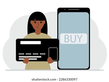 A woman holds a huge credit card next to a smartphone with a Buy button on the screen. The concept of online payments with payment via mobile phone. Vector flat illustration