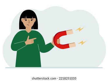 A woman holds a huge magnet in his hand, attracts new customers, money and ideas. Inbound business marketing technologies, lead generation concept. Vector flat illustration