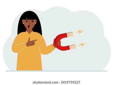 A woman holds a huge magnet in his hand, attracts new customers, money and ideas. Inbound business marketing technologies, lead generation concept.