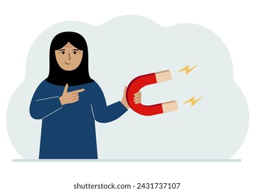 A woman holds a huge magnet in his hand, attracts new customers, money and ideas. Inbound business marketing technologies, lead generation concept.