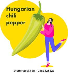 A woman holds Hungarian chili peppers. Hot Wax peppers. Chile peppers. Isolated vector illustration.