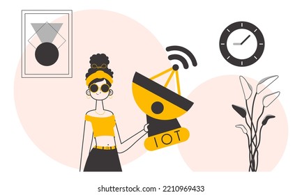 A woman holds the internet of things logo in her hands. Linear trendy style. Vector.