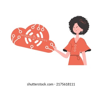 A woman holds the IoT logo in her hands. IoT concept. Isolated. Vector illustration in trendy flat style.