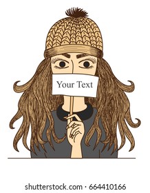 A woman holds a label and wears a yarn hat.cartoon vector