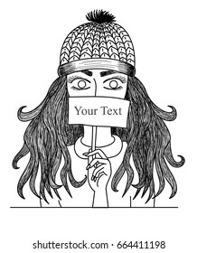 A woman holds a label and wears a yarn hat.cartoon vector