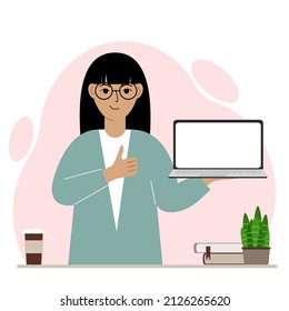 A woman holds a laptop computer on his hand and shows a thumbs up sign. Laptop computer technology concept. Vector flat illustration.