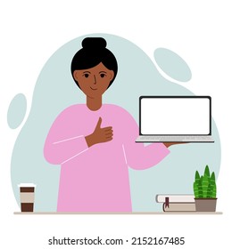 A woman holds a laptop computer on his hand and shows a thumbs up sign. Laptop computer technology concept. Vector