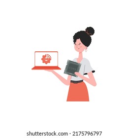 A woman holds a laptop and a processor chip in her hands. IOT and automation concept. Isolated. Vector.