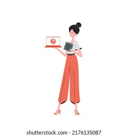 A woman holds a laptop and a processor chip in her hands. Internet of things and automation concept. Isolated. Vector illustration in flat style.