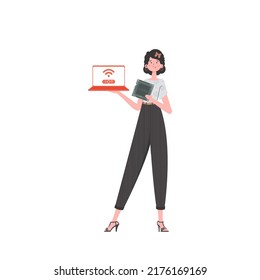 A woman holds a laptop and a processor chip in her hands. IoT concept. Isolated. Vector.
