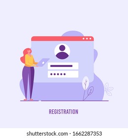 Woman holds laptop. Registration or sign up user interface. Users use secure login and password. Concept of online registration, sign up, user interface. Vector illustration for UI, web banner, app