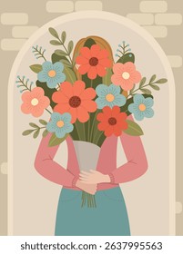 Woman holds a large bouquet of flowers in her hands, which covers her face.