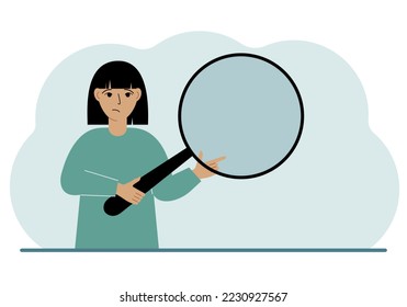 A woman holds a large loupe or magnifying glass in his hands. Vector flat illustration