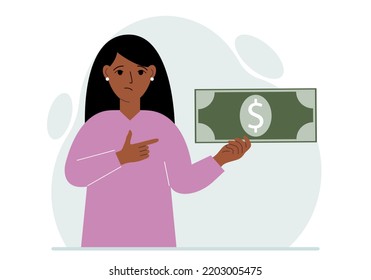 A woman holds a large paper bill in his hand. The concept of income, expense, earning or spending money. Vector flat illustration