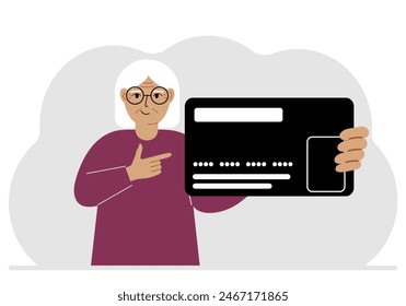 A woman holds a large plastic credit card in his hand. Vector illustration